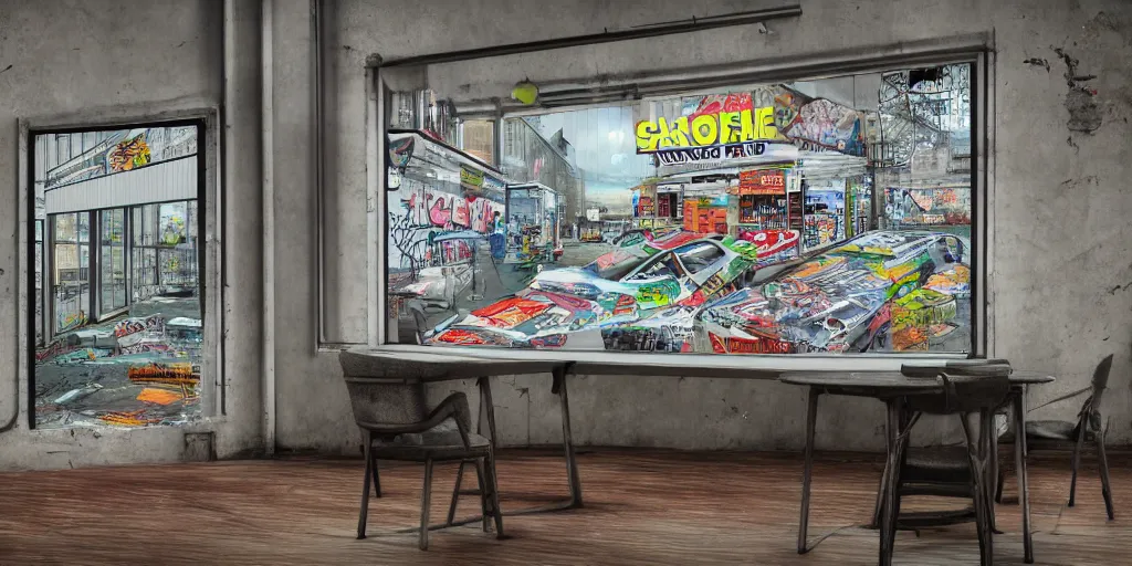 Prompt: hyper realistic orwellian shopping magazine placed on a table infront of large window looking onto a low income industrial park, graffiti art style, digital art, 8 k, artstation, 3 5 mm grain filter