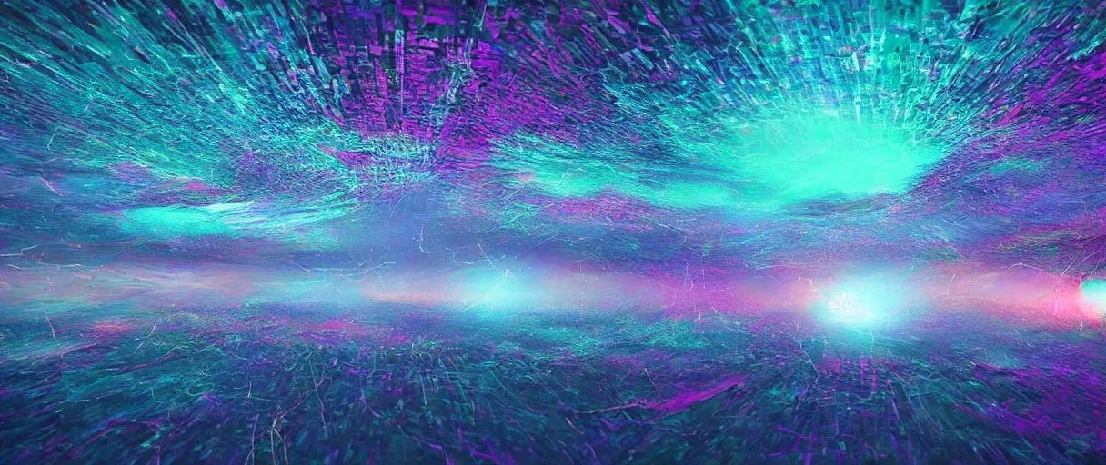 Prompt: dream landscape, simulation, glitch art, flocking particles, volumetric object, physical particles, translucence, cinematic lighting, iridescence, by ash thorpe