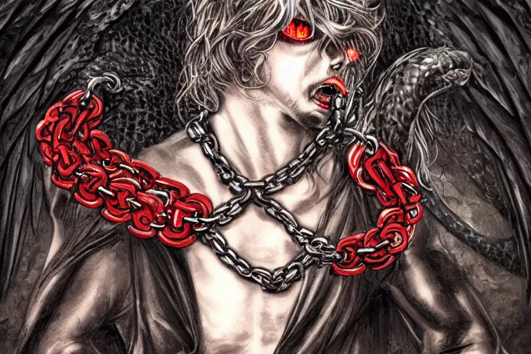 Image similar to lucifer, dark angel, hybrid human with snake, red eyes, chain, handcuffs, large chain, wide open mouth, scream, cruelty, sea bottom, light effect, hyper detailed