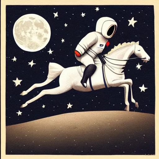 Image similar to the moon riding an astronaut on a horse