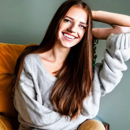 Prompt: Photograph of a cute young woman , long shiny bronze brown hair, full round face, emerald green eyes, medium skin tone, light cute freckles, smiling softly, wearing casual clothing, relaxing on a modern couch, interior lighting, cozy living room background, close-up shot, trending on Instagram, Pinterest