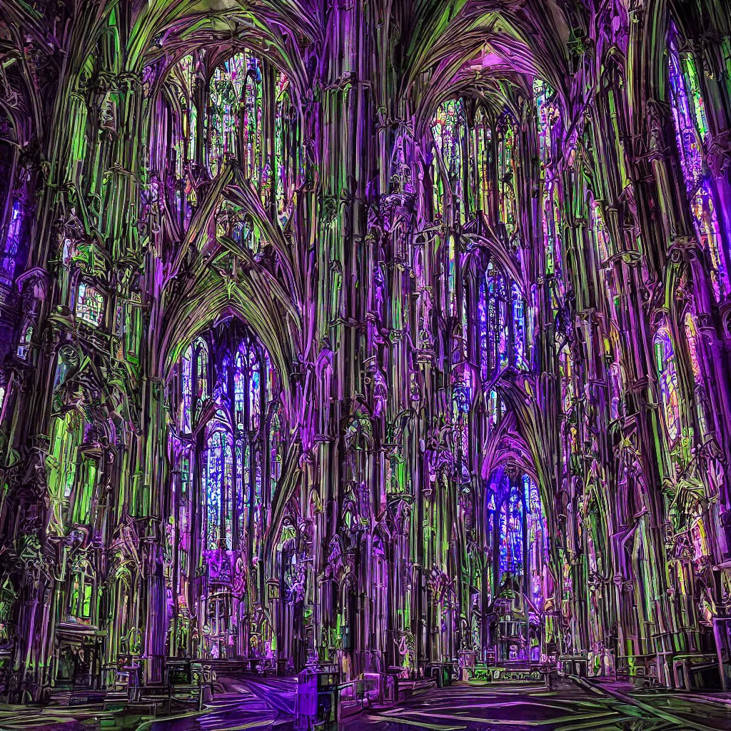 Prompt: futuristic gothic cathedral, neon stained glasses and android gargoyles