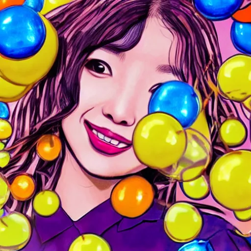 Image similar to an illustration that caricaturizes im nayeon of twice, highly detailed, refined spontaneity, colorful, bubbles, candy - coated, sugary sweet, yellows and blues