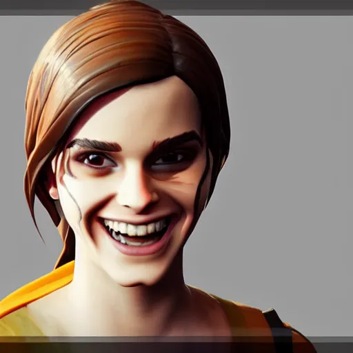 Image similar to textured film grain subsurface scattering fashion model face smiling laughing squinting emma watson as a fortnite character cgsociety octane render unreal engine redshift render trending on artstation trending on artstation render blender behance cg superhero