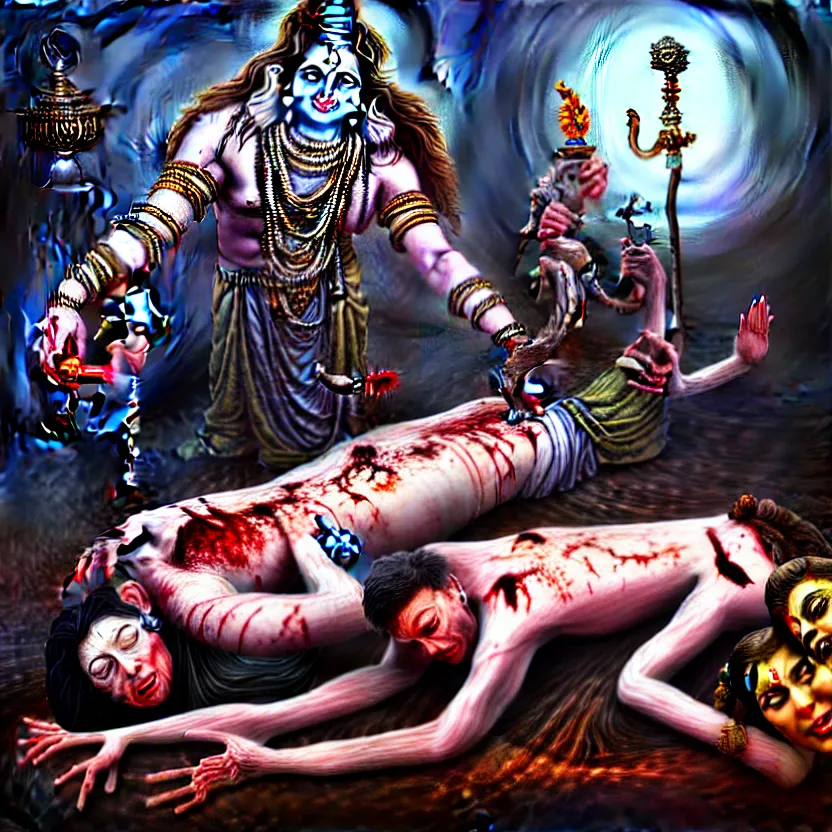 Image similar to kali with her tongue sticking out standing over the corpse of shiva, digital art, hyperrealistic nightmare scene, supernatural, highly detailed, creepy, terrifying