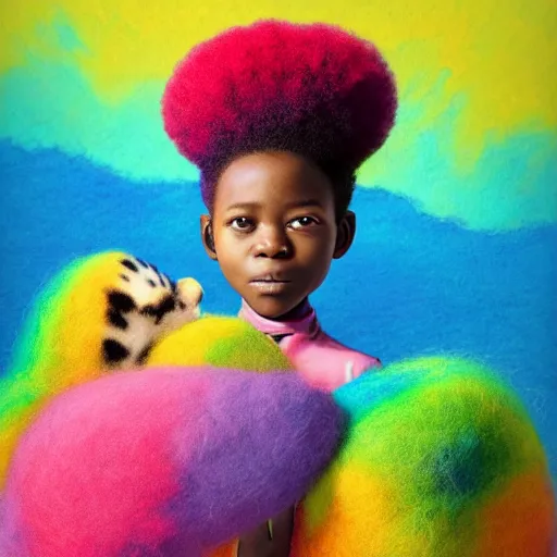 Prompt: an african girl with a colorful afro and big beautiful eyes playing with her pet rainbow tiger, bright colours, watercolor, volumetric wool felting, macro photography, children illustration, by goro fujita