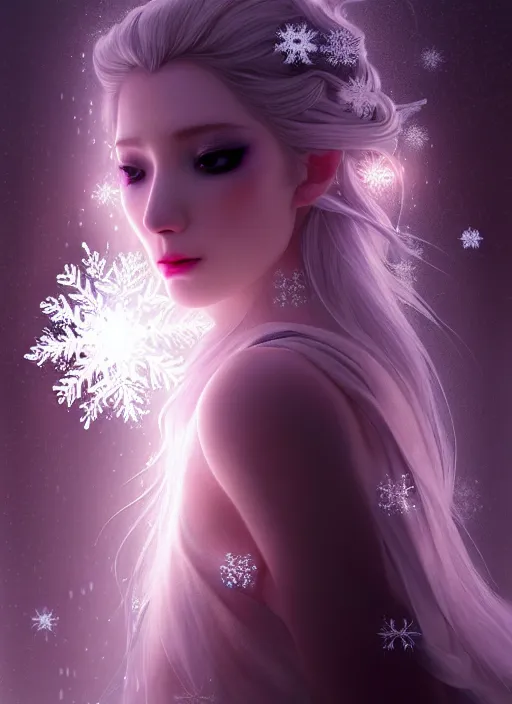 Prompt: a beautiful majestic frozen white queen with snowflakes on her hair, glowing light orbs, intricate concept art, elegant, digital painting, smooth, sharp focus, ethereal mist, deep colors, illuminated lines, outrun, vaporware, dark background, cyberpunk darksynth, ethereal, ominous, misty, 8 k, rendered in octane, by ruan jia and miho hirano