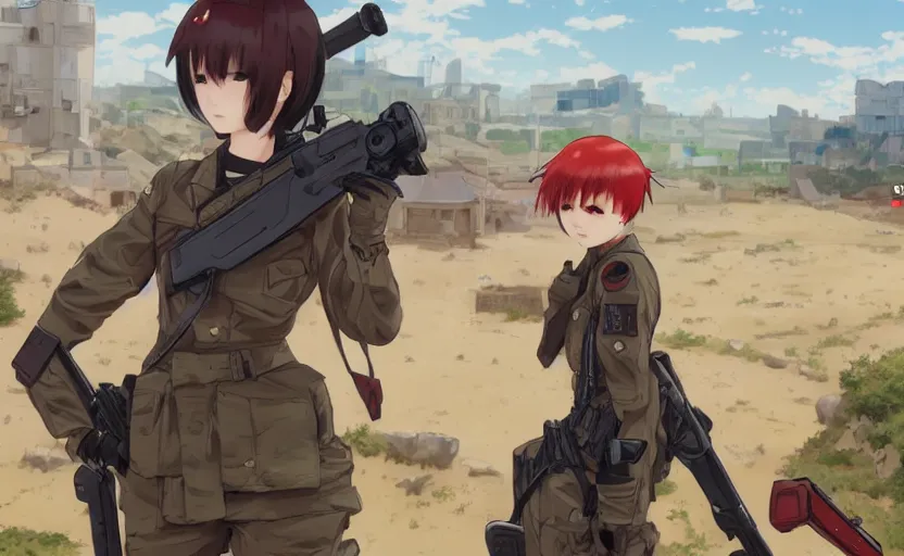 Prompt: panoramic view, girl, soldier clothing, battlefield in background, anime style, red short hair, hair down, symmetrical facial features, combat googles, from arknights, hyper realistic, 4 k, extreme detail, detailed drawing, trending artstation, safebooru, realistic lighting, by alphonse mucha, greg rutkowski, anime eyes, sharp focus