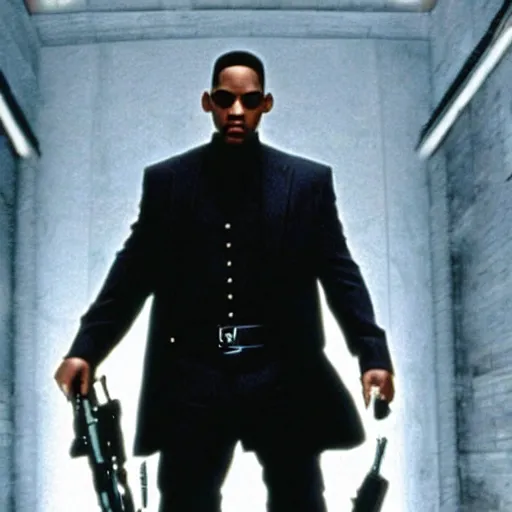 Prompt: film still of Will Smith as Neo in The Matrix
