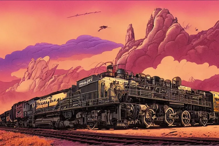 Image similar to old western freight train illustration by joe fenton and syd mead and p. craig russell and barry windsor - smith, artstation, 4 k, graphic novel, concept art, matte painting, steam engine spewing billowy white clouds of steam, beautiful idyllic mountain desert sunset background, golden hour, art nouveau