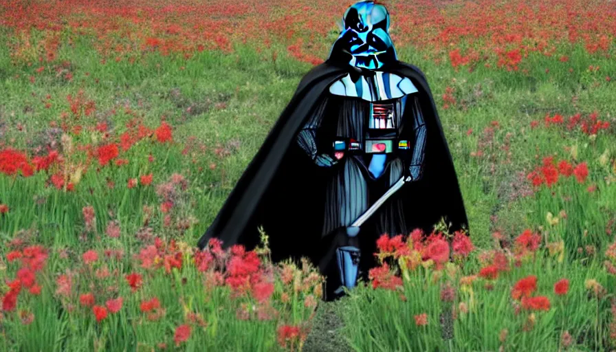 Prompt: wide shot of darth vader going through a field of flowers, realistic, detailed