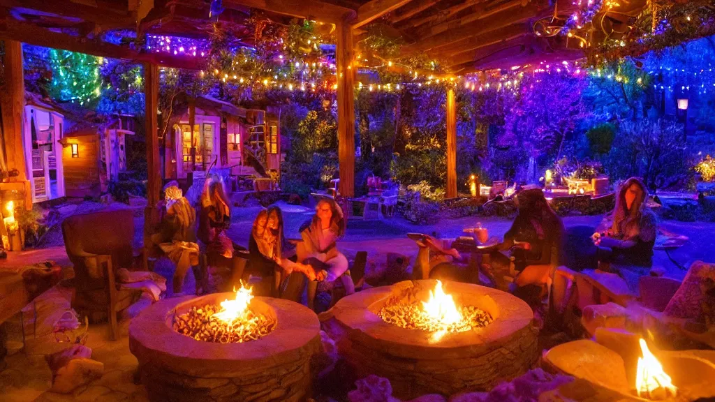 Image similar to party at midnight, bay area, peyote colors, fire pit, hot tub, candles, people, cozy, warm, beautiful, cozy environment, ornate, intricate, glowing emitting light ornaments, 8 k, rule of thirds, cinematic, highly detailed, movie still