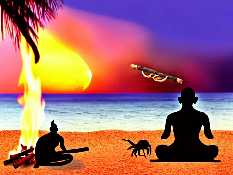 Prompt: gandhi sitting on a beach next to a campfire with palm trees in the back, holding a cigar, sunset, surrounded by animals parrot turtle lizard crab coconuts, glorious lighting, epic environment, highly detailed, digital art, hyper realistic