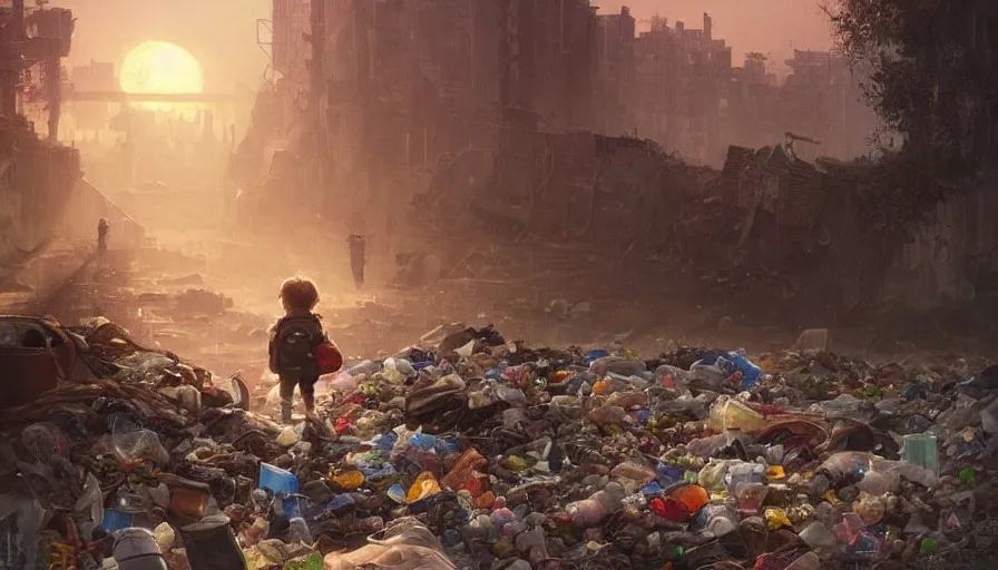 Image similar to poor detailed child with backpack looking for food at garbage dump, city is pure wasteland, moody sunset in background, greg rutkowski, alphonse mucha, trending on artstation, artgerm, unreal engine, breathtaking, award winning, highly detailed