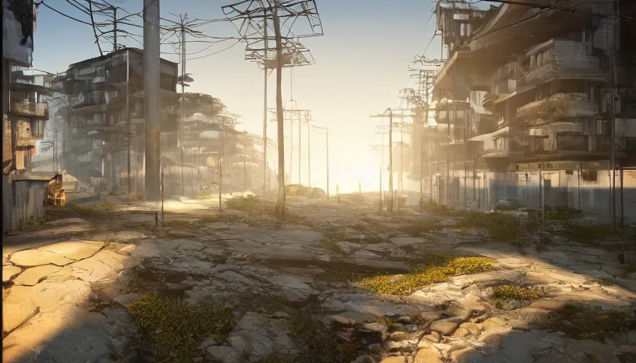 Image similar to Bright Thin Pillars Shoot out of cracks in the ground and illuminate it in a glow, Futuristic Favela, Hyperrealistic Rendering, Photorealism, Raytracing, Anamorphic Lens, Artstation