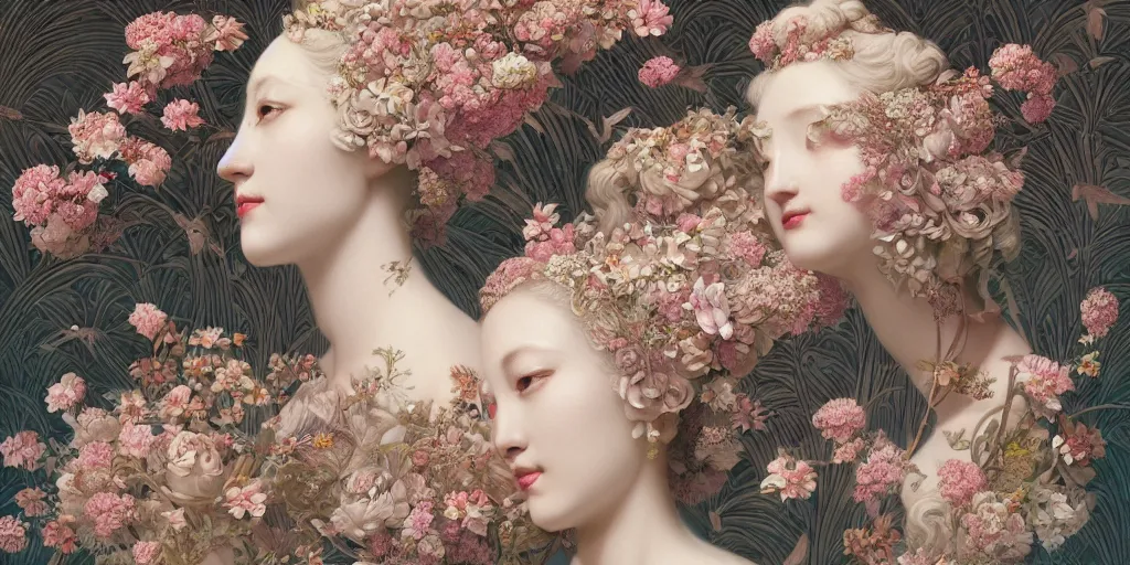 Image similar to breathtaking detailed concept art painting art deco pattern of blonde faces goddesses amalmation flowers and blend of flowers and birds, by hsiao - ron cheng and john james audubon, bizarre compositions, exquisite detail, extremely moody lighting, 8 k
