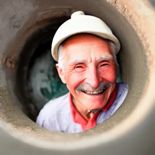 Image similar to a smiling old man in a sewage pipe