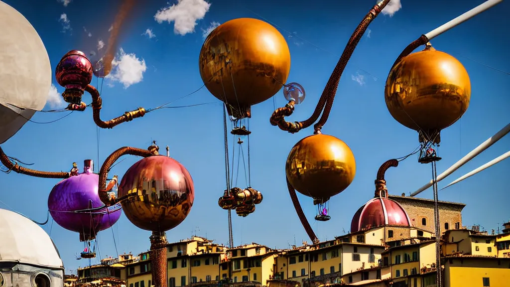 Image similar to large colorful futuristic space age metallic steampunk steam - powered balloons with pipework and electrical wiring around the outside, and people on rope swings underneath, flying high over the beautiful medieval florence city landscape, professional photography, 8 0 mm telephoto lens, realistic, detailed, photorealistic, photojournalism