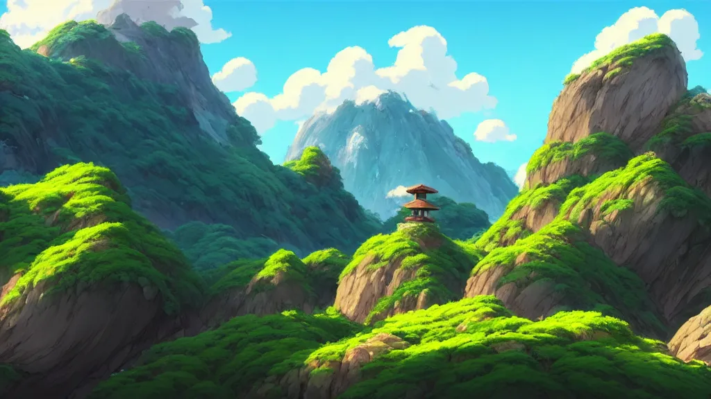 Image similar to mountainside landscape, studio ghibli, pixar and disney animation, sharp, rendered in unreal engine 5, highly detailed, digital painting, artstation, concept art, smooth, sharp focus, illustration, wide angle, artbook, wallpaper, splash art, promo art, dramatic lighting, art by artgerm and greg rutkowski and bo chen and jin xiaodi