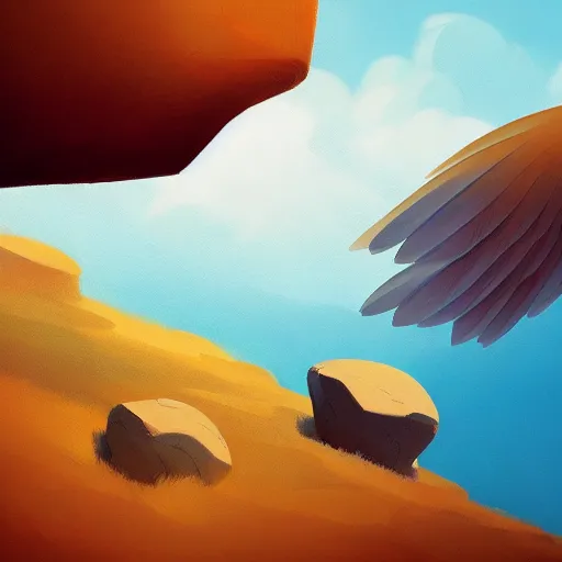 Image similar to goro fujita ilustration view from the sky of a bird with open wings full of feathers, flying over the ocean with waves and rocks, painting by goro fujita, sharp focus, highly detailed, artstation