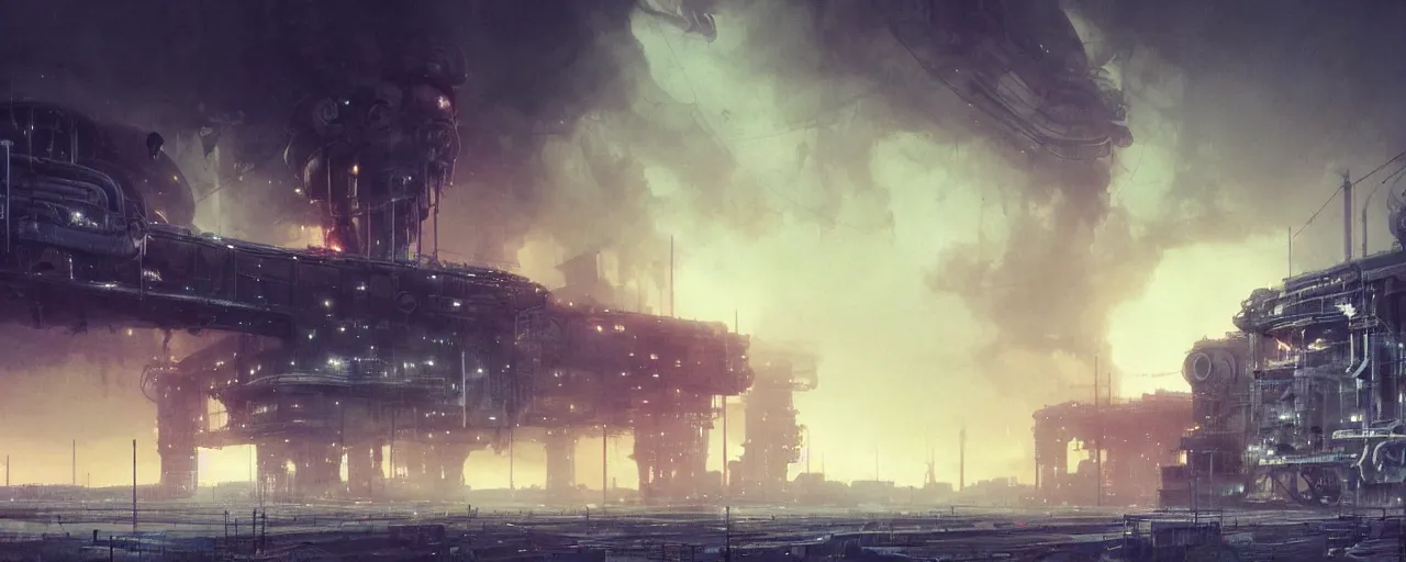 Image similar to ” polluted industrial alien landscape, [ smoke, soot, cinematic, detailed, epic, widescreen, opening, establishing, mattepainting, photorealistic, realistic textures, octane render, art by slop and paul lehr ] ”