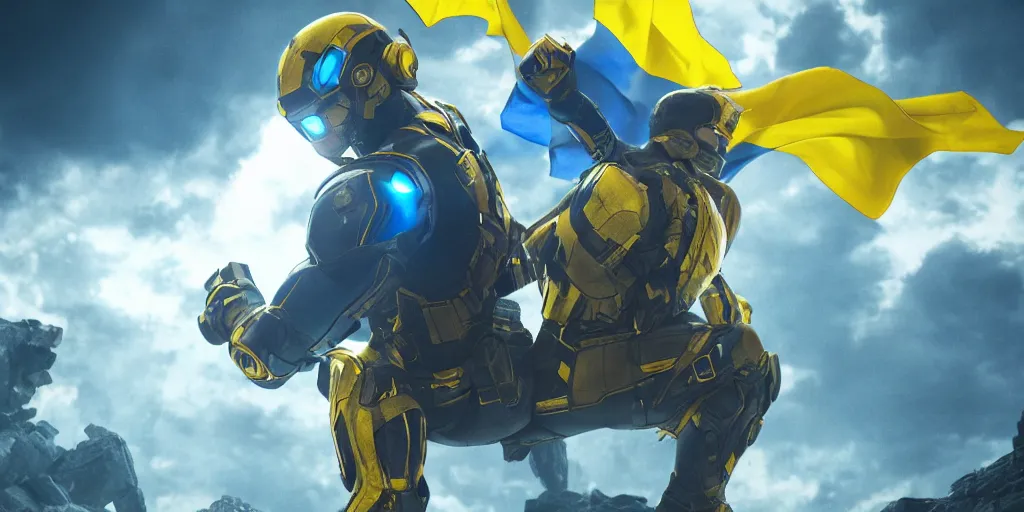 Image similar to an octane render of super soldier with Ukrainian blue and yellow flag at the battle field of avengers endgame, cinematic, high resolution film render 100k, photo realistic, unreal engine