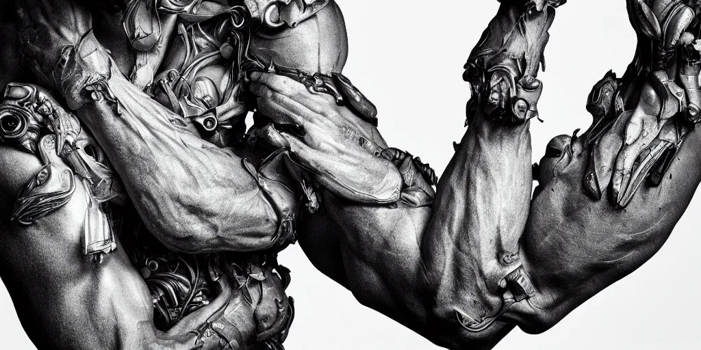 Image similar to hyper realistic photography of a stunningly beautiful cyborg male, elbow, plated arm, intimate, holding close, in the style of beth cavener, jin kagetsu,, and wlop, highly detailed, intricate filigree, symmetry, masterpiece, award winning, sharp focus, concept art, highkey lighting, ambient lighting, octane render, 8 k, artstation