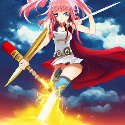 Image similar to anime girl wielding thor's hammer with lightning striking