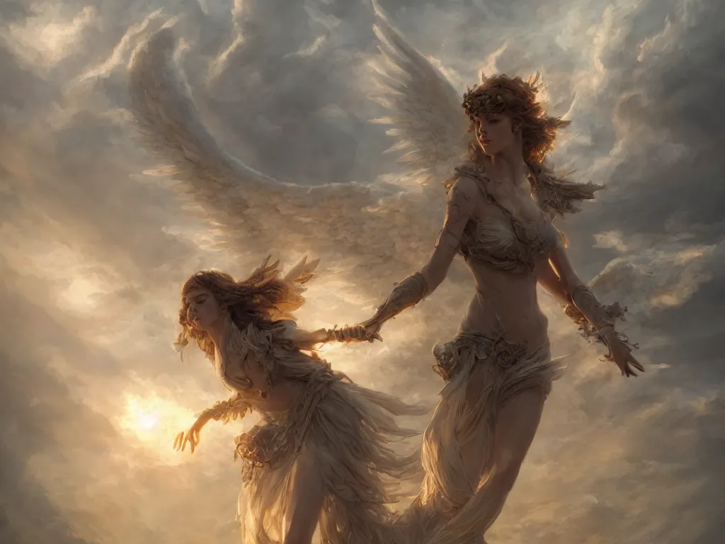 Image similar to angel carries a burning man in the clouds, fantasy art, award winning, dark fantasy, fantasy magic, intricate, elegant, sharp focus, cinematic lighting, highly detailed, digital painting, concept art, art by wlop and artgerm and greg rutkowski, masterpiece, trending on artstation, 8 k