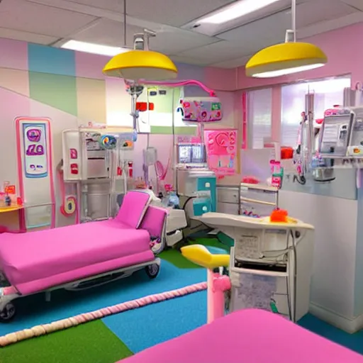 Prompt: photo of a hospital room made out of soft candy, candy equipment, candy hospital room