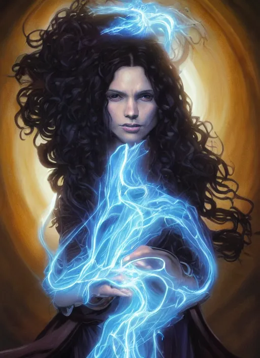 Image similar to medium - length portrait of a female sorcerer, arcane sigils hovering over her hands, with long curly hair and glowing blue eyes, dark brown skin, stern expression, wears a long robe, fantasy setting, dramatic pose, highly detailed, digital painting, artstation, concept art, sharp focus, illustration, art by greg rutkowski and alphonse mucha