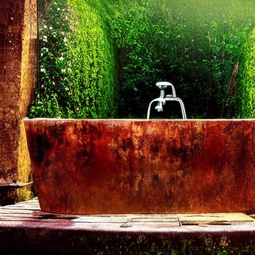 Prompt: hyperrealism photography computer simulation visualisation of parallel universe detailed old rusty bath in the detailed ukrainian village garden in dramatic scene from art house futuristic movie by caravaggio and alejandro jodorowsky