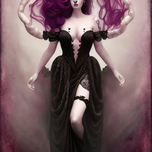 Prompt: by tom bagshaw, photorealistic body shot of an absurdities carnival, curvy full gothic long dress, tentacles, ultra deep fog, purple black lustrous thin haircut, symmetry accurate features, focus, very intricate ultrafine details, award winning masterpiece