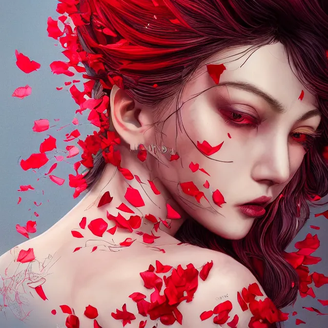 Prompt: studio portrait absurdly beautiful, elegant, graceful, young hypercolorful sensual gravure idol rubies and red petals, ultrafine hyperrealistic detailed face illustration by kim jung gi, irakli nadar, intricate linework, sharp focus, bright colors, matte, octopath traveler, final fantasy, unreal engine highly rendered, global illumination, radiant light, intricate environment