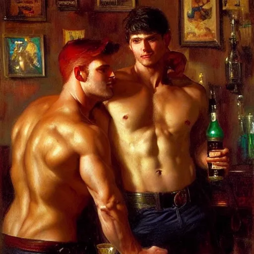 Image similar to attractive muscular male with red hair and muscular attractive male with black hair, drinking their hearts out, in a pub. very defined and highly detailed painting by gaston bussiere, j. c. leyendecker, craig mullins 8 k