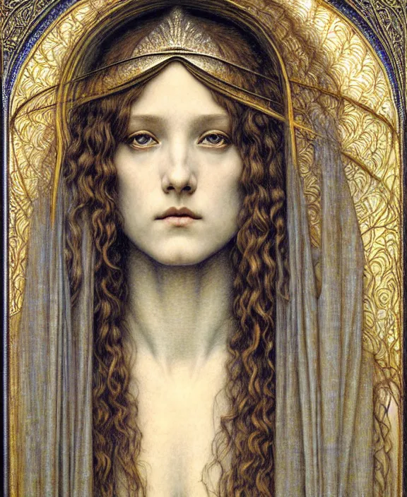 Image similar to detailed realistic beautiful young medieval queen face portrait by jean delville, gustave dore and marco mazzoni, art nouveau, symbolist, visionary, gothic, pre - raphaelite. horizontal symmetry