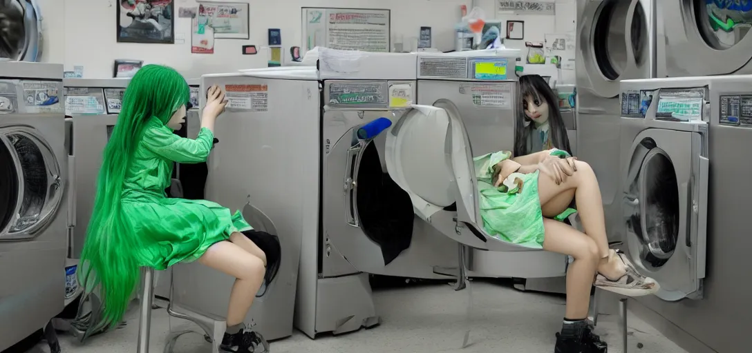 Prompt: a girl with green hair sitting on top of a washing machine inside of a laundromat by Hayao Miyazaki