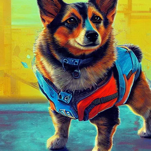 Prompt: an epic painting of a cyberpunk corgi dog, by Tooth Wu