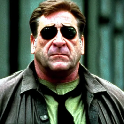 Prompt: john goodman as neo in the matrix movie, realizing he's in the matrix