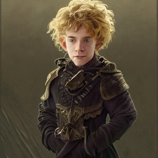 Image similar to portrait of a halfling boy, tired eyes, street rat, blonde hair, green eyes, wearing a dark cloak, intricate, elegant, highly detailed, my rendition, digital painting, artstation, concept art, smooth, sharp focus, illustration, art by artgerm, greg rutkowski and alphonse mucha and uang guangjian, gil elvgren, symmetry