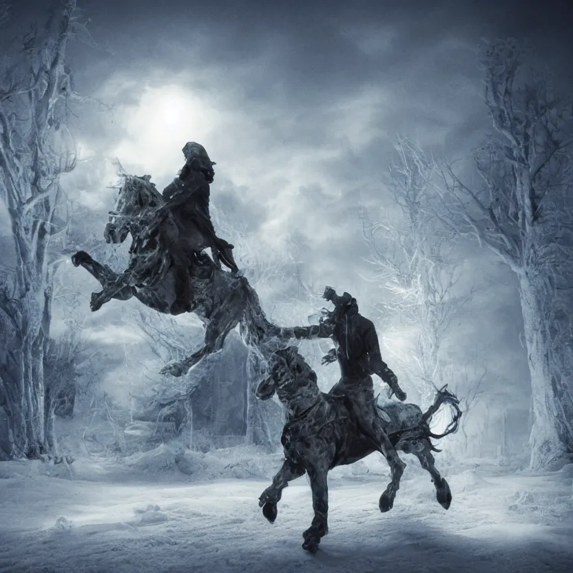 Image similar to ice sculpture of a headless horseman riding into the night, beautiful matte painting