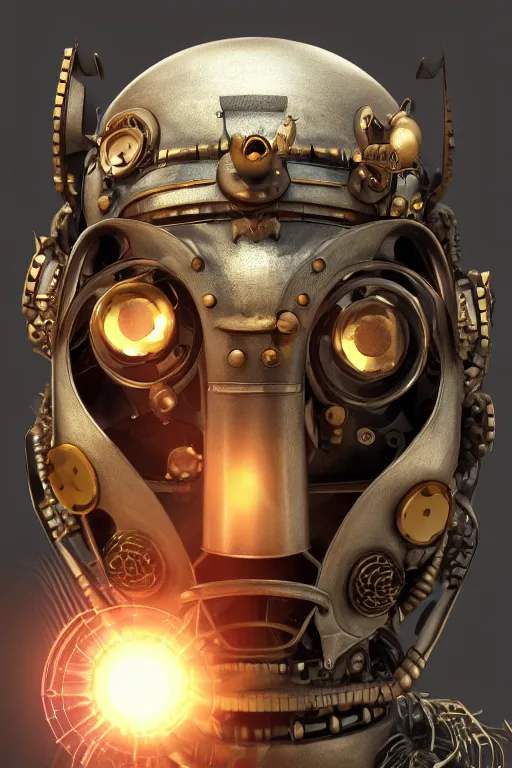 Image similar to steampunk mask minimalist fantasy art robot ninja helmet, global illumination ray tracing hdr fanart arstation by sung choi and eric pfeiffer and gabriel garza and casper konefal radiating a glowing aura