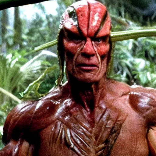 Prompt: a stick of celery with a face hunts arnold schwarzenegger in the film predator