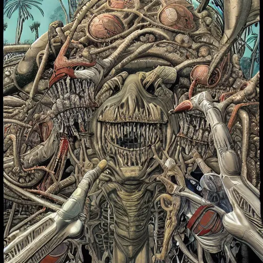 Image similar to an impossible nightmare beyond comprehension, very very detailed painting by geof darrow and greg rutowski and hr giger