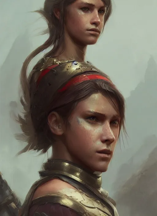 Image similar to A portrait of the warrior daughter in the style of in the style of Greg Rutkowski, glorious light, style of Charles Sillem Lidderdale, artstation