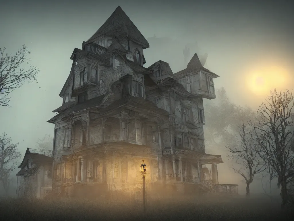 Image similar to house on the haunted hill, horror, creepy, surreal, dreamscape, high quality, ultradetailed, sharp, artstation, 8 k, volumetric fog