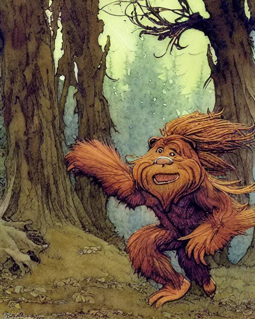 Image similar to a realistic and atmospheric watercolour fantasy character concept art portrait of a chibi bigfoot running through the forest. by rebecca guay, michael kaluta, charles vess and jean moebius giraud