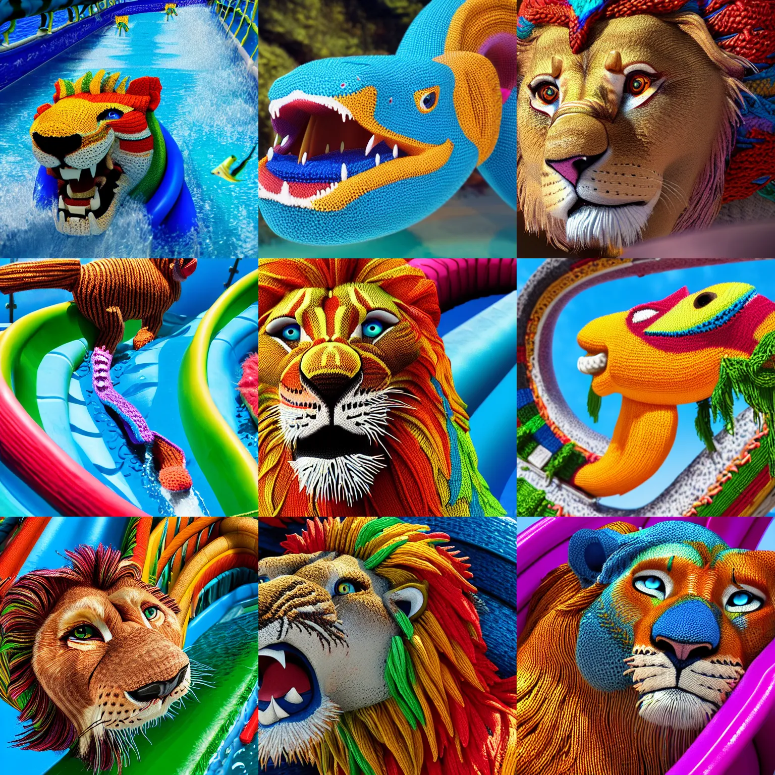 Prompt: a closeup photorealistic photograph of a colorful knitted barracuda lion coming down a water slide. intricate stitching. professional capture. bright scene. this 4 k hd image is trending on artstation, featured on behance, well - rendered, extra crisp, features intricate detail, epic composition and the style of unreal engine.