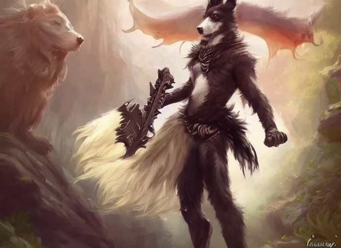 Prompt: wide angle beautiful full body portrait of a cute male anthropomorphic anthro border collie fursona wearing a warrior outfit in wal - mart, character design by charlie bowater, henry asencio, and ross tran, disney, scenic background, detailed, glamor pose, aesthetic, trending on artstation, furaffinity, deviantart