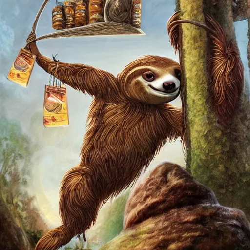 Prompt: a fantasy artwork of a sloth shopping for groceries